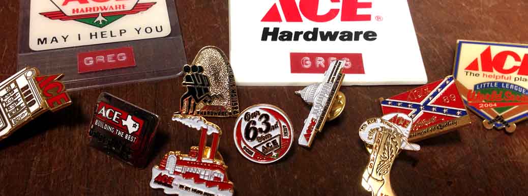 Vintage pins and badges from Ace Hardware